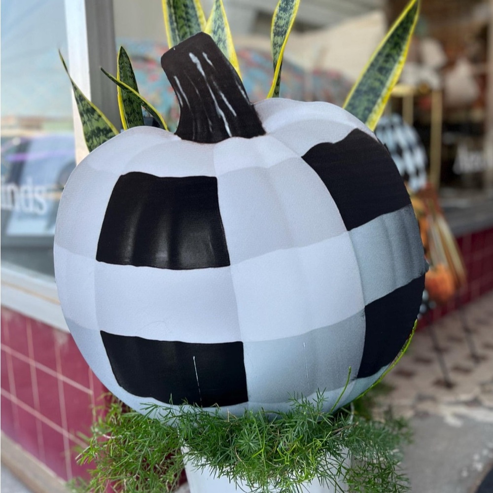 Black and White Checkered Pumpkin Metal Stake Decoration